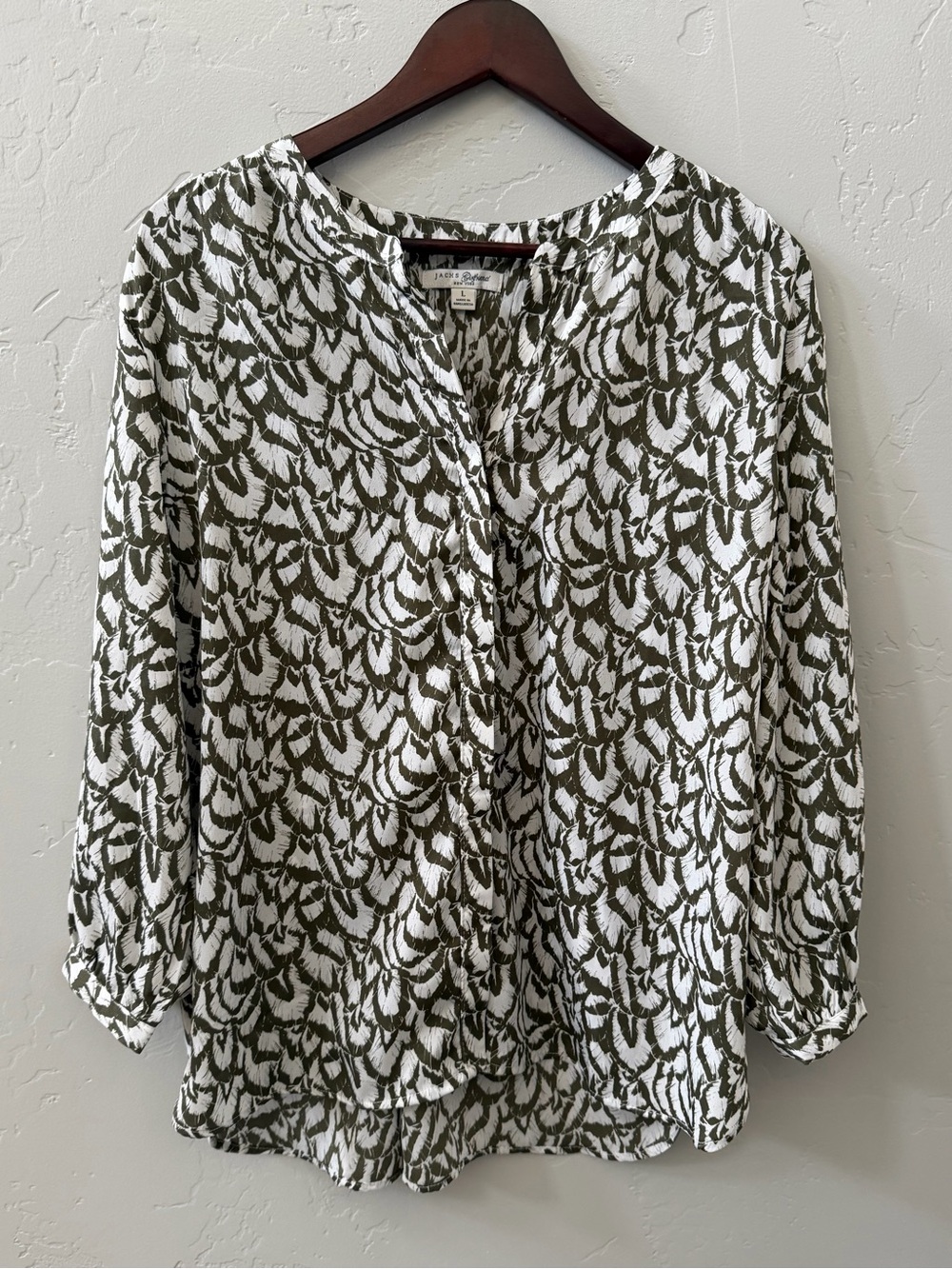 Jachs Girlfriend Contemporary Blouse L Olive Print Relaxed Fit Top - Picture 2 of 14